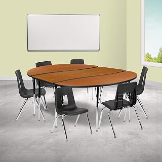 Flash Furniture Emmy 86" Oval Wave Flexible Laminate Activity Table Set with 16" Student Stack Chairs, Oak/Black | Flexible, 16 in Student Stack Chairs, Laminate