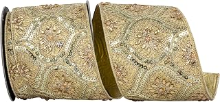Reliant Ribbon Regal Jewel Sequin Deluxe Opulence Dupioni Backed Wired Edge Ribbon, Gold