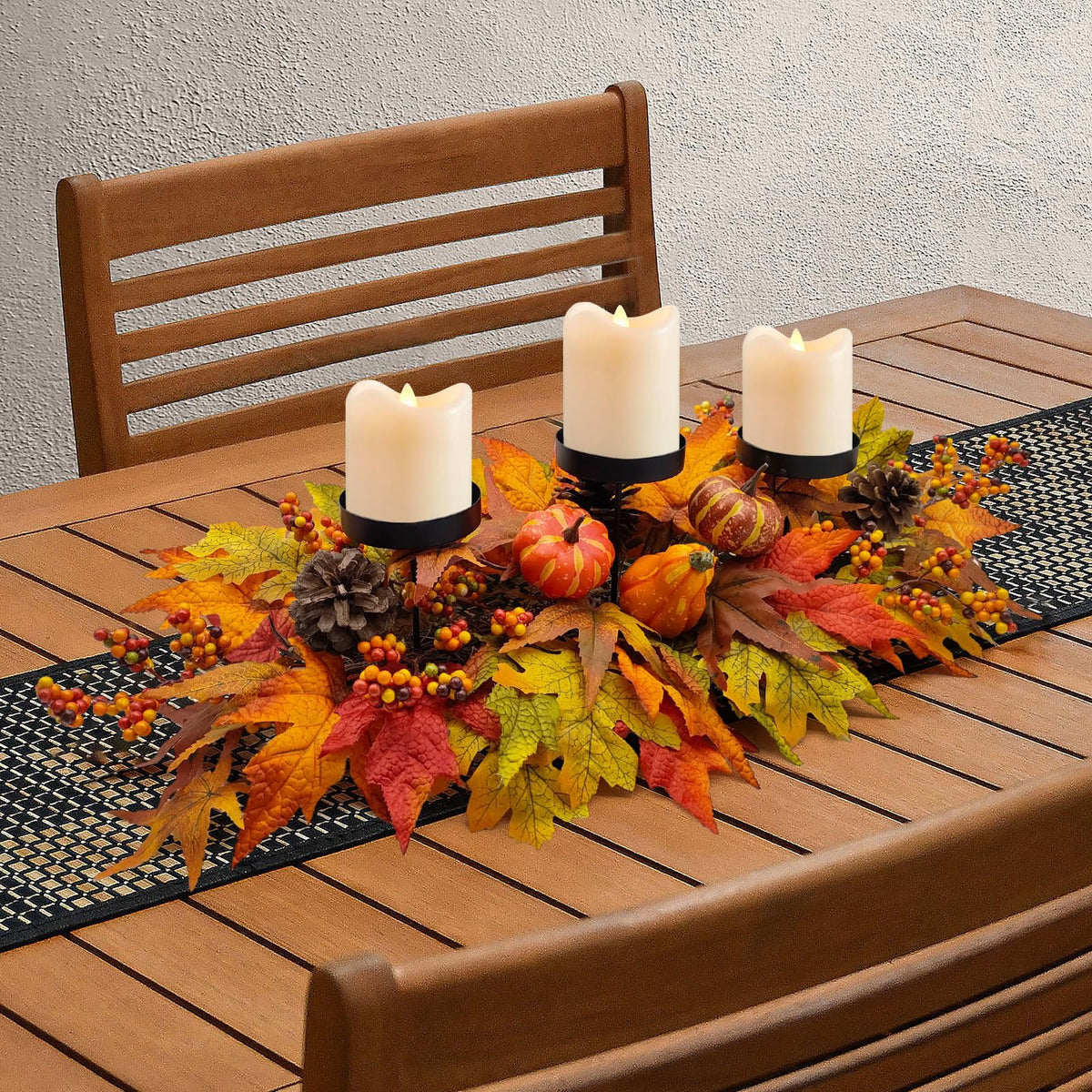 Sunnypack Harvest Candle Holder, 27.5 Inch Triple Pillar Stand, Pumpkin and Gourd Design