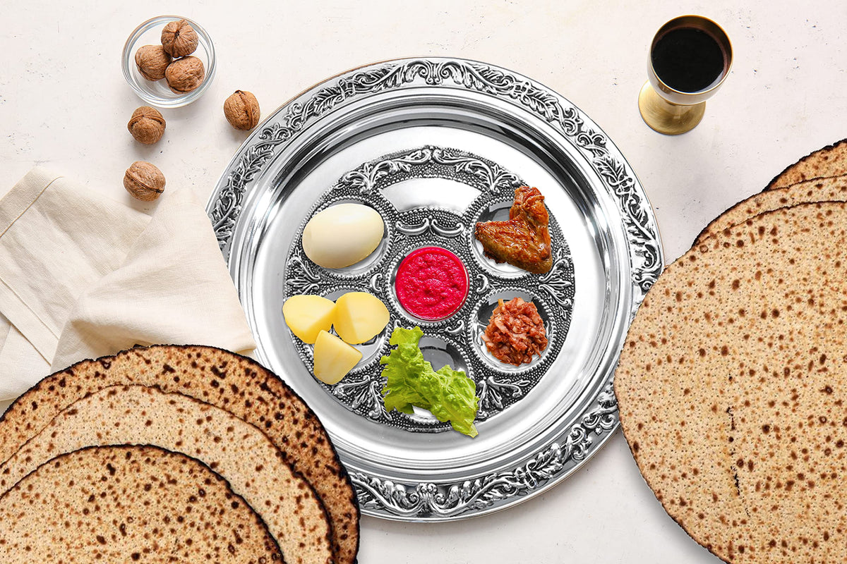 Ner Mitzvah Silver Plated Seder Plate, Round Passover Kaarah, 12 Inch Diameter
