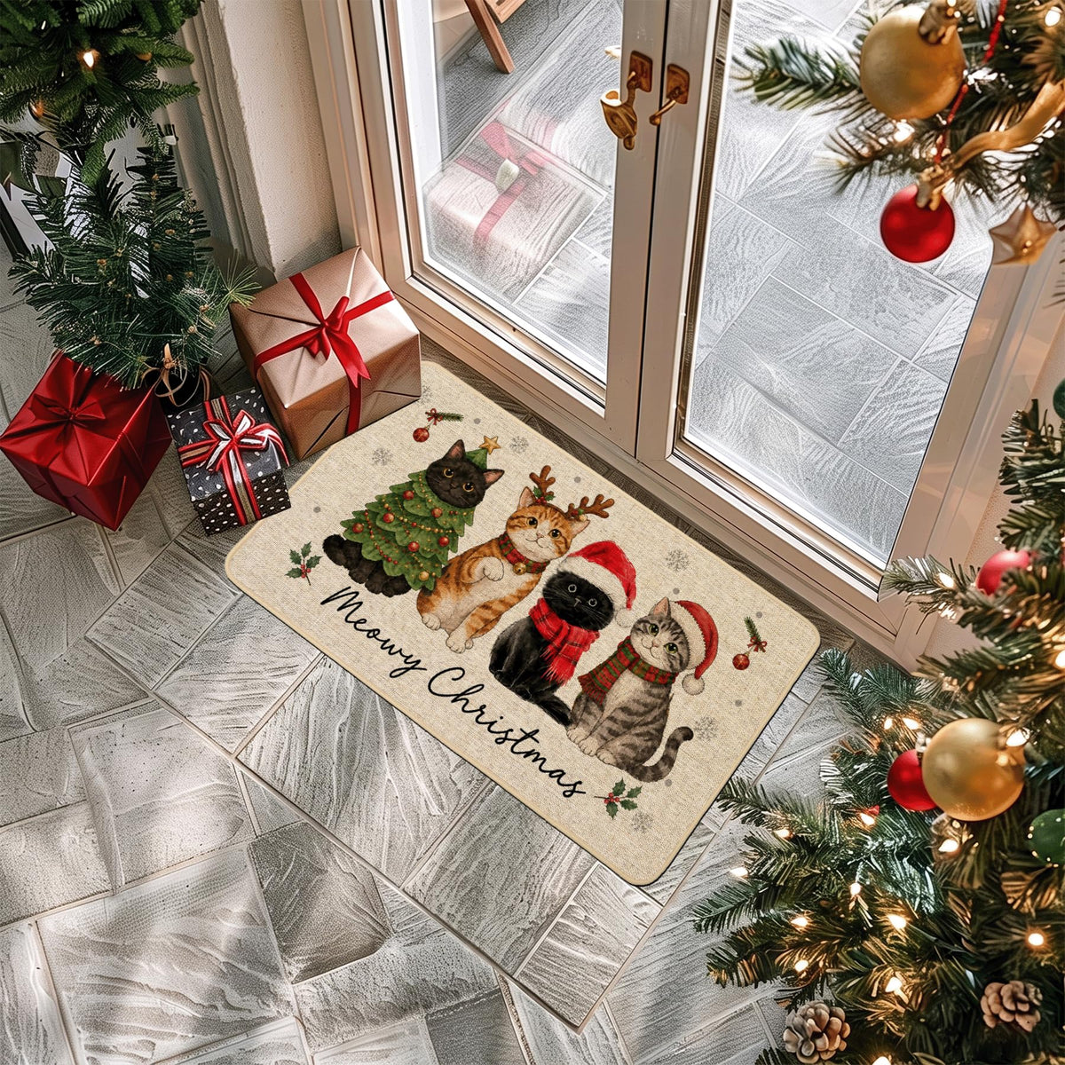 Baccessor Christmas Doormat, 17 x 29 Inches, Four Cats
