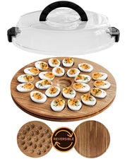Trayful Deviled Egg Tray with Lid, Acacia Wood Carrier, Holds 22 Eggs, Acacia
