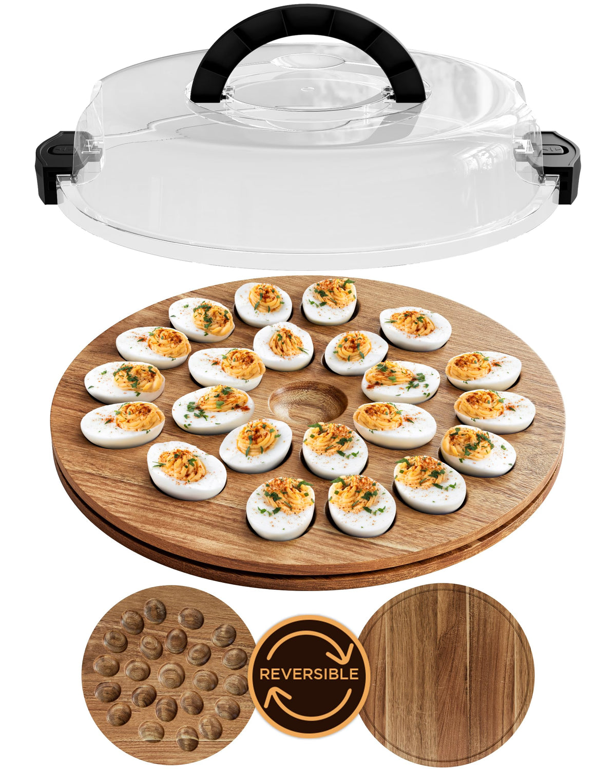 Trayful Deviled Egg Tray with Lid, Acacia Wood Carrier, Holds 22 Eggs, Acacia