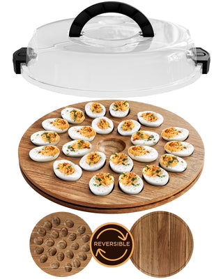 Trayful Deviled Egg Tray with Lid, Acacia Wood Carrier, Holds 22 Eggs, Acacia