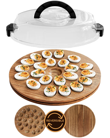 Trayful Deviled Egg Tray with Lid, Acacia Wood Carrier, Holds 22 Eggs, Acacia