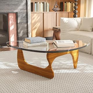 Glass Coffee Table, Mid Century Modern Coffee Table for Living Room, Mesa de Centro para Sala, Rustic Oval Center Table with Tempered Glass Top & Wood Base, Funky Coffee Tables
