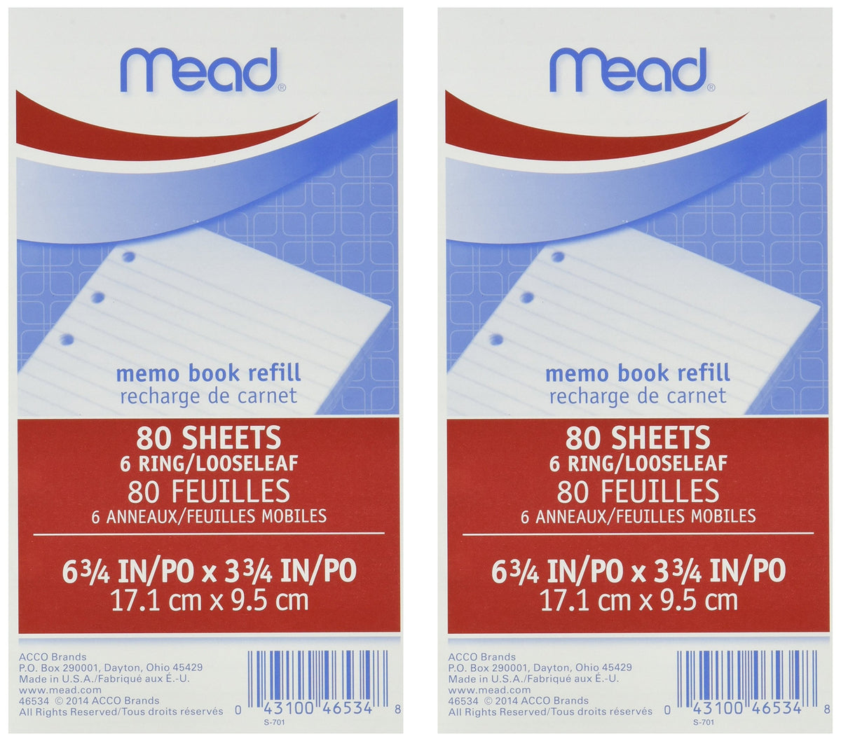 MeadWestvaco Memo Book Ref – 3-3/4" x 6-3/4", Paper, White, Pack of 2, Model 46534