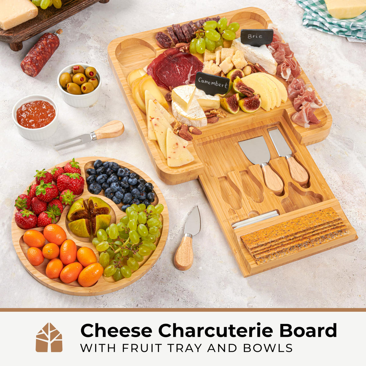 Woodenhouse Charcuterie Board Set, Bamboo with Utensils, Light Brown