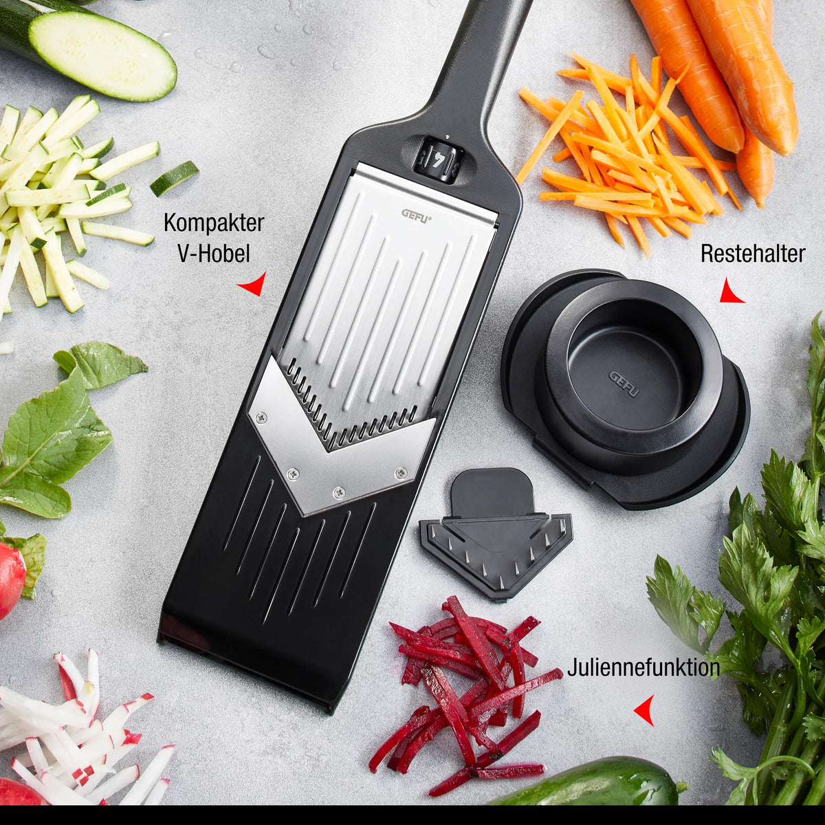 Julienne Slicer by GEFU – One Size, Plastic, High Grade Stainless steel, Silver / Black, Model GF24-50441