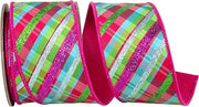 Reliant Ribbon Glitter Diagonal Bright Plaid Deluxe Fuchsia Backed Wired Edge, Fuchsia, 2-1/2 Inch, 5 Yards