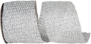 Reliant Ribbon Ribbon - Flex Net Stretch Glitter Metallic Wired Edge, Silver, 4 Inch, 10 Yards