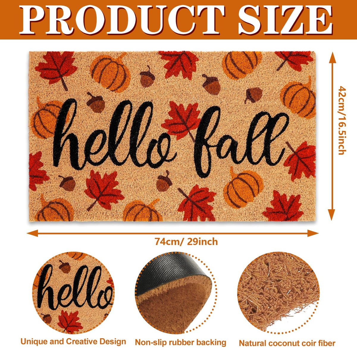 JarThenaAMCS Coir Doormat, Hello Fall Maple Leaf Pumpkin Design, 16.5 x 29.1 Inch
