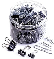 Officemate 340 Assorted Paper Clips and Binder Clips, Re-usable Storage Tub, Silver/Black (31040)