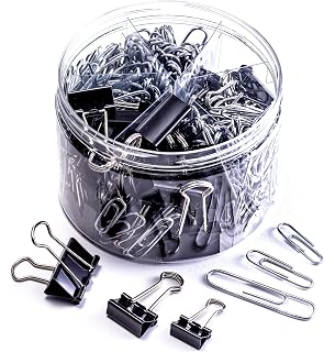 Officemate 340 Assorted Paper Clips and Binder Clips, Re-usable Storage Tub, Silver/Black (31040)