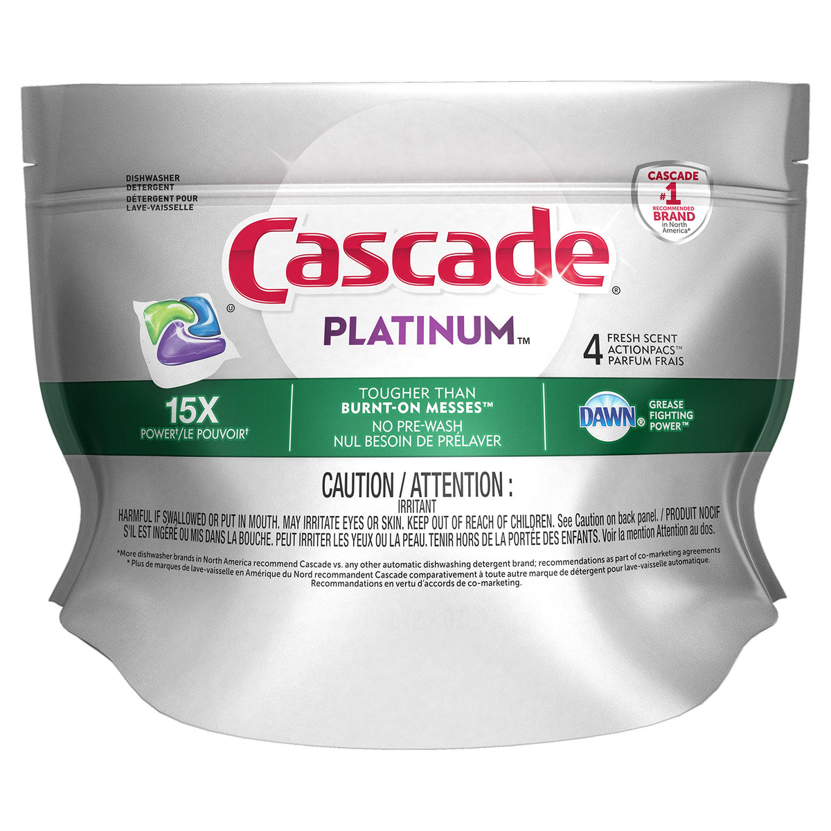 Platinum ActionPacs Dishwasher Detergent by Cascade – 4 Count (Pack of 1), Fresh Scent, Model 10037000984228