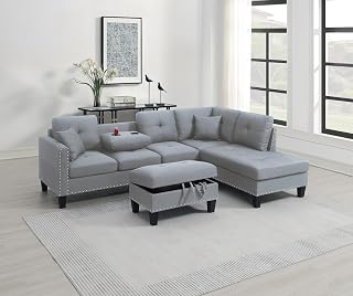 Living Room Furniture 3-PCS Sectional Sofa Set LAF Sofa RAF Chaise and Storage Ottoman Cup Holder Taupe Grey Color Linen-Like Fabric Couch