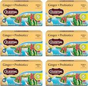Celestial Seasonings Ginger + Probiotics Herbal Tea, Caffeine Free, 16 Tea Bags Box (Pack of 6)