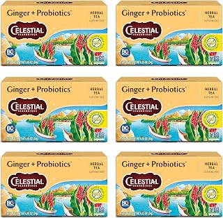 Celestial Seasonings Ginger + Probiotics Herbal Tea, Caffeine Free, 16 Tea Bags Box (Pack of 6)