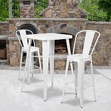 Flash Furniture Commercial Grade 23.75" Square White Metal Indoor-Outdoor Bar Table Set with 2 Stools with Backs