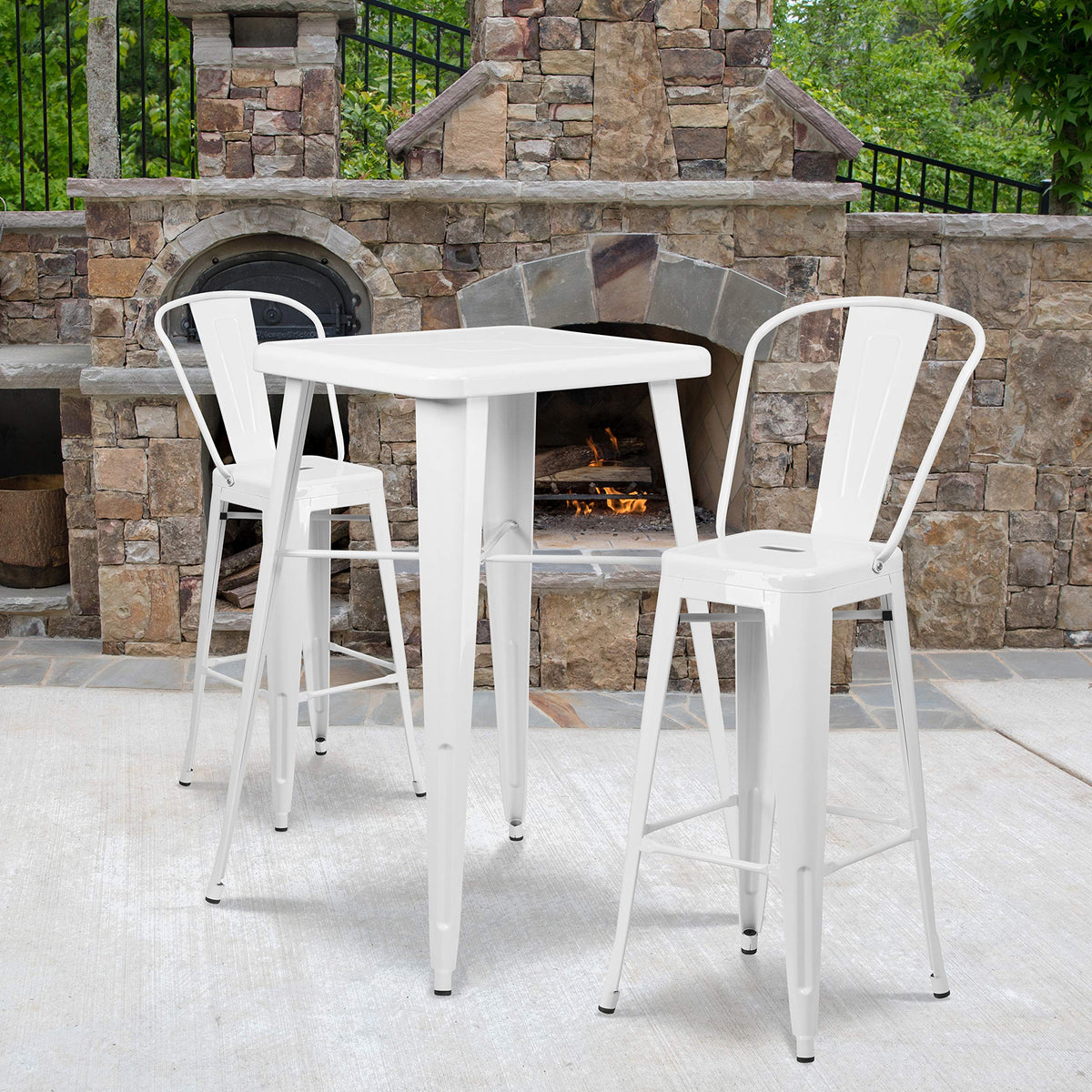 Commercial Grade 23.75" Square White Metal Indoor-Outdoor Bar Table Set with 2 Stools with Backs by Flash Furniture – 40 x 27.75 x 27.75, Metal, White, Model CH-31330B-2-30GB-WH-GG