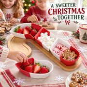 Feenmai Santa Cane Serving Set, Ceramic and Wood, White Red