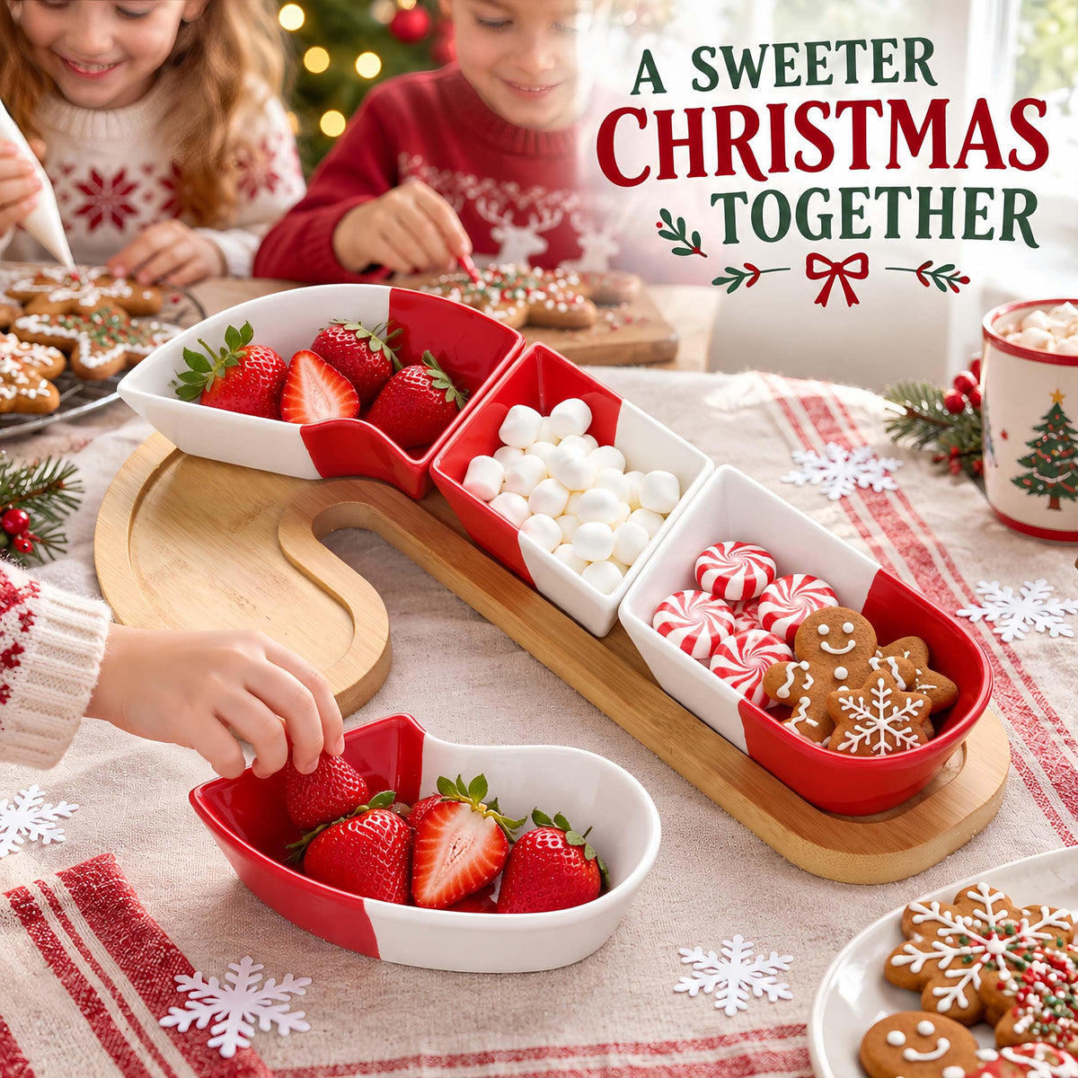 Feenmai Santa Cane Serving Set, Ceramic and Wood, White Red