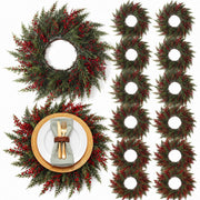 Gandeer Artificial Cedar Wreath Placemats, Set of 12, Green and Red