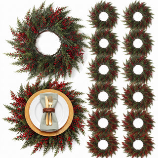 Gandeer Artificial Cedar Wreath Placemats, Set of 12, Green and Red