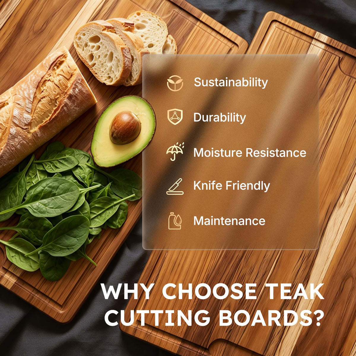 Nomsters Teak Cutting Board, 24 x 18 Inch with Juice Channel, Natural