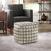 Ottoman - Cube Pouf with Ivory & Black Plaid Pattern Fabric - Fully Assembled - Ideal for Living Room, Family Room (970-PFA4)