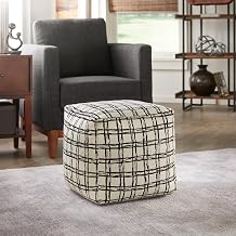 Ottoman - Cube Pouf with Ivory & Black Plaid Pattern Fabric - Fully Assembled - Ideal for Living Room, Family Room (970-PFA4)