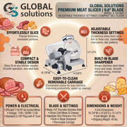 10' Gravity-Feed Meat Slicer by Global Solutions – 18 7/8 in. W x 14 5/8 in. D x 14 1/4 in. H, Stainless Steel, Silver, Model GS1601