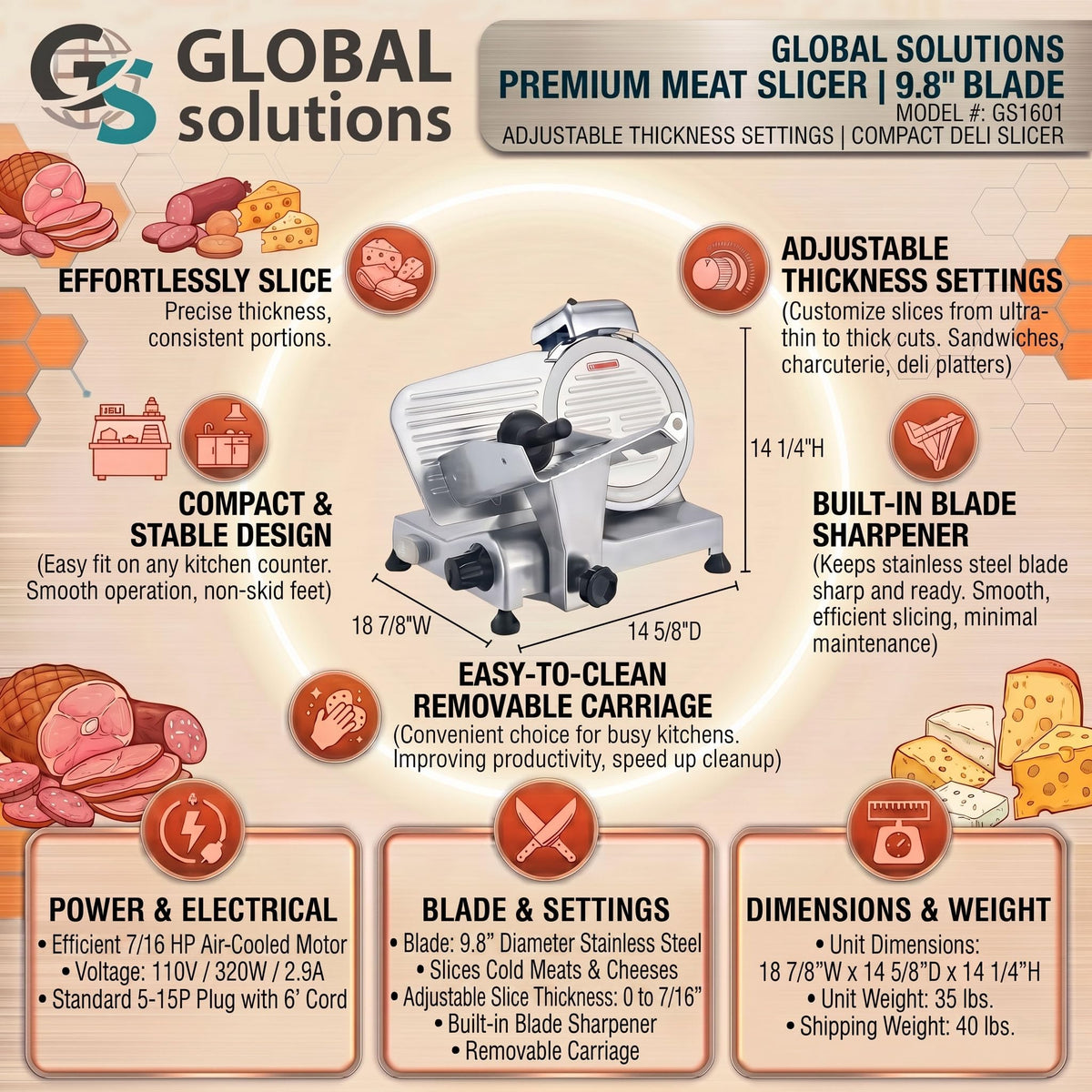 10' Gravity-Feed Meat Slicer by Global Solutions – 18 7/8 in. W x 14 5/8 in. D x 14 1/4 in. H, Stainless Steel, Silver, Model GS1601