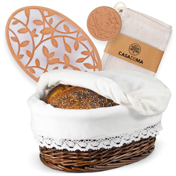 Casadema Bread Basket Set with Terracotta Warmer, Large Oval 12 x 9 Inches, Dark Brown