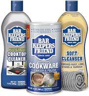 Bar Keepers Friend Kitchen Cleaning Bundle - with Soft Cleanser (13oz), Cooktop Cleaner (13oz), Cookware Cleanser & Polish (12oz), Stainless Steel Microfiber Cloth (1)