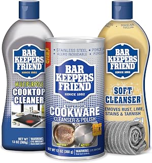 Bar Keepers Friend Kitchen Cleaning Bundle - with Soft Cleanser (13oz), Cooktop Cleaner (13oz), Cookware Cleanser & Polish (12oz), Stainless Steel Microfiber Cloth (1)