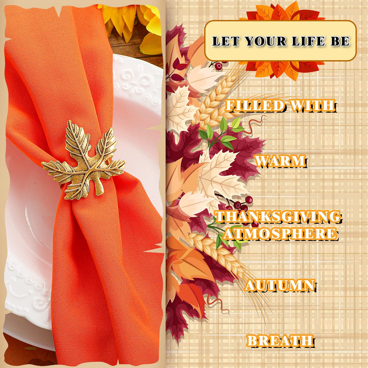 Willbond Thanksgiving Napkin Rings, 12 Piece Set, Golden