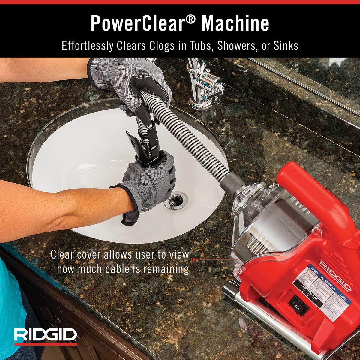 PowerClear 120-Volt Drain Cleaning Machine Kit for Tubs by RIDGID – 3/4" to 1-1/2", Plastic, Red, Model 55808