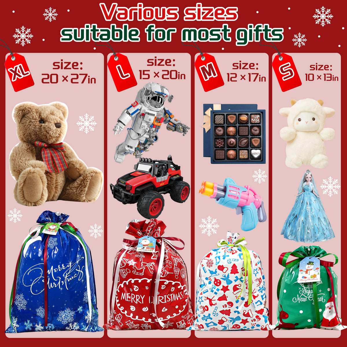 Diamerd Christmas Drawstring Gift Bags, 38 Count Assorted Sizes