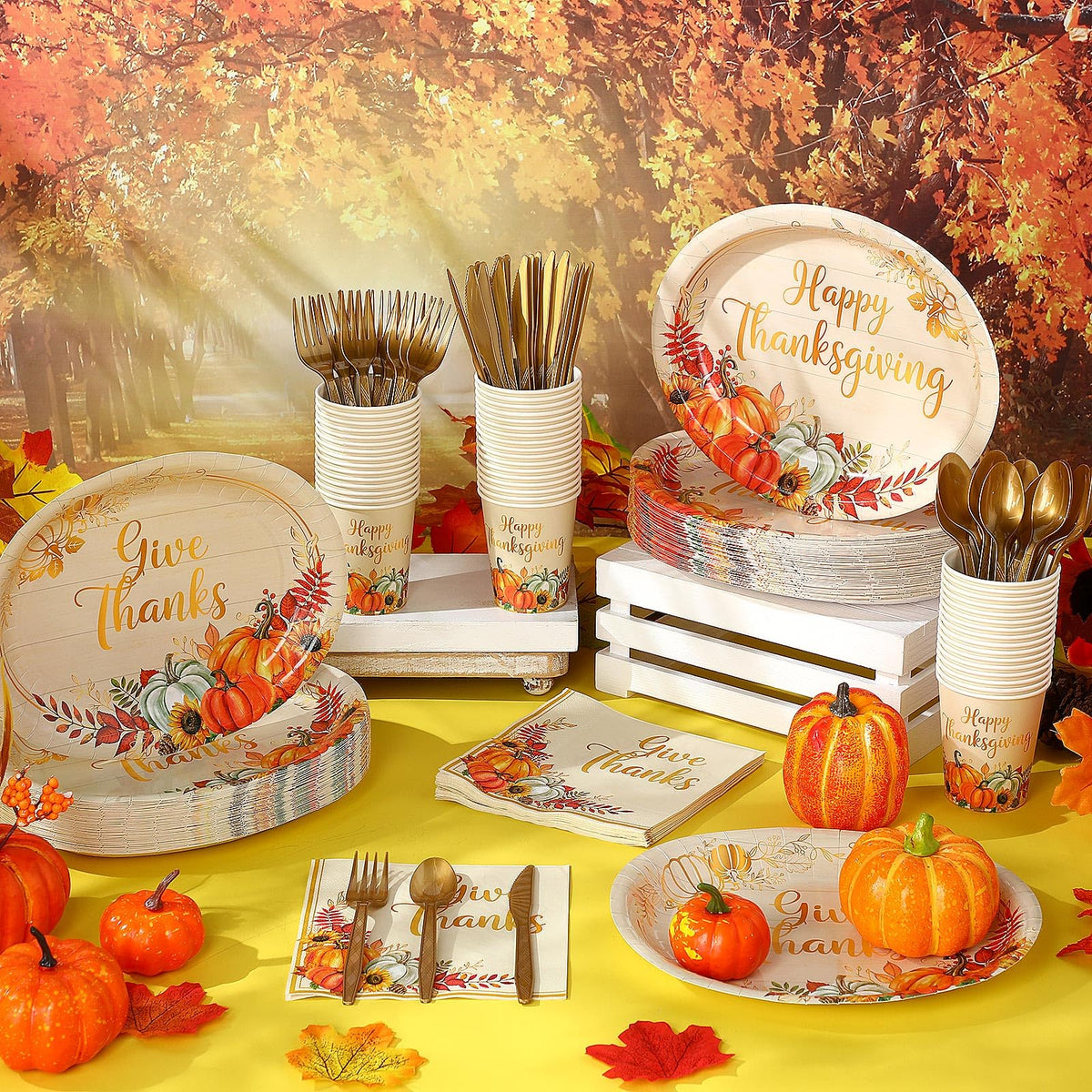 Pajean Thanksgiving Dinnerware Set, 350 Pieces, Gold Pumpkin