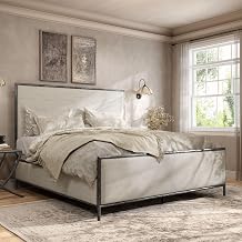 Lalia Hammered Metal Upholstered Bed with Beige Fabric 60-inch Tall Headboard, Forged Steel Frame, Foundation Required, King, Matte Grey