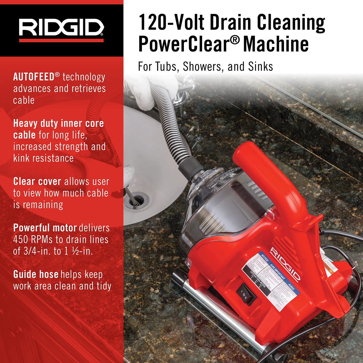 PowerClear 120-Volt Drain Cleaning Machine Kit for Tubs by RIDGID – 3/4" to 1-1/2", Plastic, Red, Model 55808