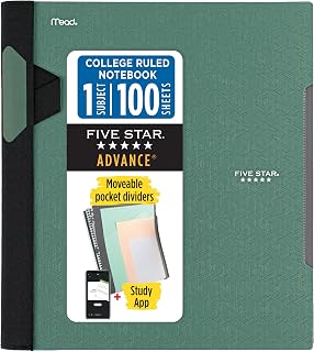 Five Star Advance Spiral Notebook + Study App, 1 Subject, College Ruled Paper, 8-1/2" x 11", 100 Sheets, Spiral Guard, Movable Tabbed Dividers, Seaglass Green (820012C-ECM)