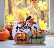 Cynosa Wooden Pumpkin Table Sign, Blessed Grateful Thankful, Yellow