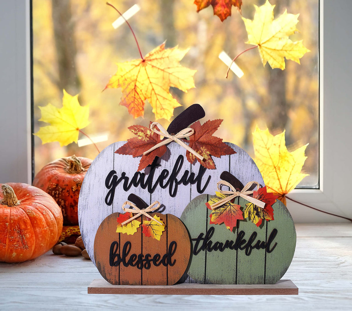 Cynosa Wooden Pumpkin Table Sign, Blessed Grateful Thankful, Yellow