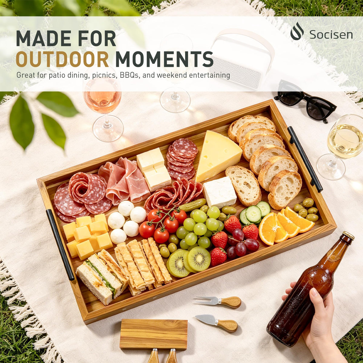 Socisen Teak Charcuterie Board, 24 x 12 Inch with 4 Cheese Knives, Natural