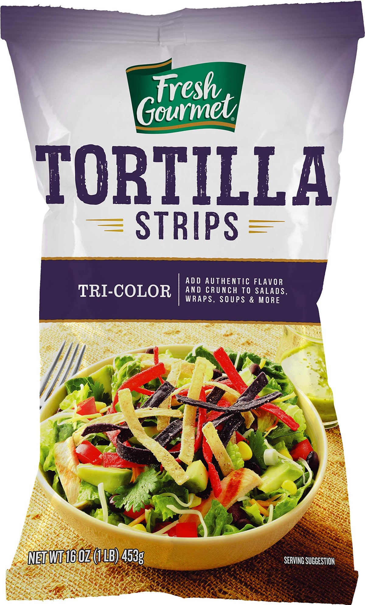 Fresh Gourmet Tortilla Strips / Tri-Color / 16 Ounce (Pack of 1) Salad Toppings