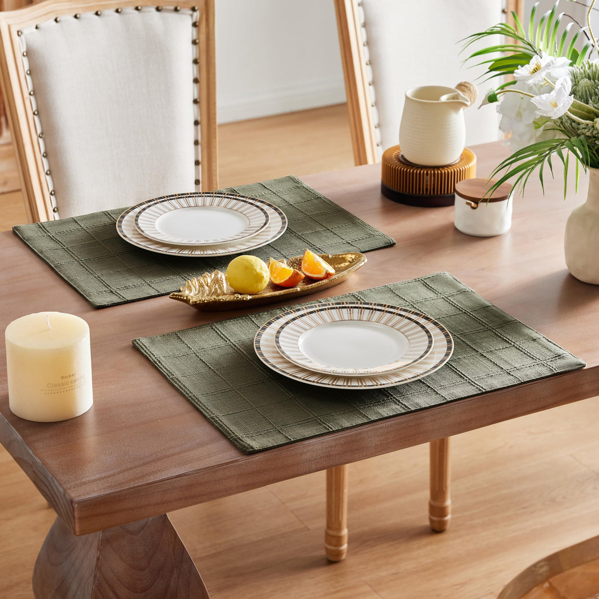 ZeeMart Linen Plaid Placemats, 13 x 19 Inch, Set of 6 Olive