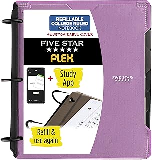 Five Star Flex Refillable Notebook + Study App, College Ruled Paper and 1 Inch TechLock Ring Binder with Customizable Cover, Pockets, Tabs and Dividers, 200 Sheet Capacity, Amethyst Purple (293260AB6)
