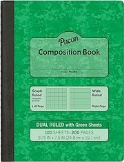 Pacon Dual Ruled Composition Book, Green, 1/4" Grid & 3/8" Wide Ruled 9-3 ⁄4" x 7-1⁄2", 100 Sheets